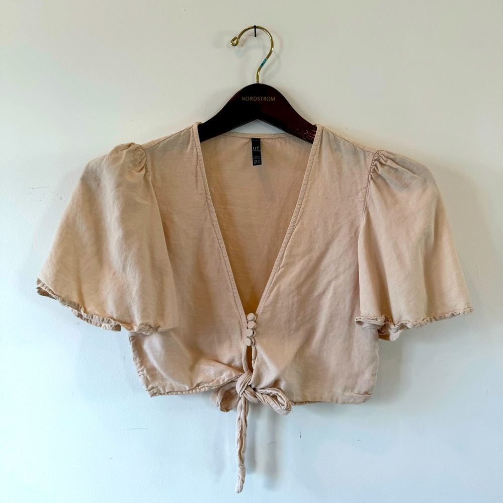 Zara Peach Cropped Button-Up Linen Blouse
